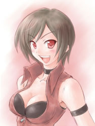 Rule 34 | 1girl, bad id, bad pixiv id, breasts, brown hair, cleavage, female focus, gradient background, meiko (vocaloid), red eyes, satogo, short hair, solo, vocaloid