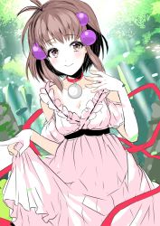 Rule 34 | 1girl, absurdres, brown eyes, brown hair, choker, closed mouth, collarbone, dress, hair bobbles, hair ornament, highres, looking at viewer, pink dress, reala (tales), short hair, smile, solo, sparkle, tales of (series), tales of destiny 2, tree, uzura (moimoi)