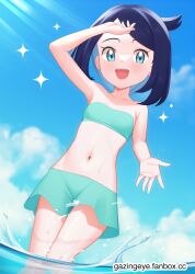 Rule 34 | 1girl, :d, arm up, bandeau, black hair, cloud, commentary, cowlick, creatures (company), day, eyelashes, game freak, gazing eye, green eyes, green shorts, happy, highres, knees, liko (pokemon), looking down, midriff, navel, nintendo, open mouth, outdoors, pokemon, pokemon (anime), pokemon horizons, shorts, sky, smile, solo, sparkle, teeth, upper teeth only, wading, water, water drop, watermark, web address