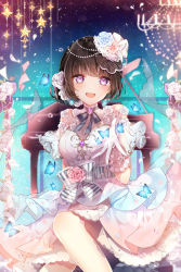 Rule 34 | 1girl, :d, bang dream!, black hair, blue butterfly, blue flower, blush, brooch, bug, butterfly, chandelier, commentary request, dress, earrings, elbow gloves, flower, frilled sleeves, frills, gloves, hair bun, hair flower, hair ornament, hair up, head chain, highres, insect, instrument, jewelry, neck ribbon, open mouth, outstretched hand, petals, piano, piano print, pink dress, pink flower, purple eyes, ribbon, rose, shirokane rinko, short sleeves, single hair bun, sitting, smile, solo, sparkle, star (symbol), taya oco, white flower, white rose