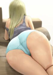 Rule 34 | 1girl, absurdres, ano (gccx8784), ass, ass focus, bare shoulders, blonde hair, blue panties, blurry, blurry background, commentary request, couch, depth of field, facing away, from behind, grey tank top, gyaru, highres, long hair, lying, no pants, on couch, on stomach, original, panties, revision, shirt, shorts, simple background, solo, strap slip, tank top, thighs, trefoil, underwear, white background