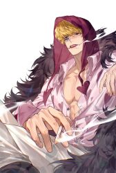 Rule 34 | 1boy, blonde hair, brown eyes, cape, cigarette, collared shirt, dated, donquixote rocinante, facial tattoo, fur-trimmed cape, fur trim, heart, heart print, highres, holding, holding cigarette, jyukawa, one piece, pants, partially unbuttoned, pink shirt, print shirt, red hood, red lips, shirt, short hair, simple background, sitting, smoking, solo, tattoo, toned, toned male, white background, white pants