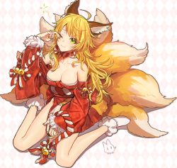 Rule 34 | 1girl, animal ears, bad id, bad twitter id, blonde hair, breasts, cleavage, colored eyelashes, detached sleeves, fox ears, fox tail, green eyes, hoshii miki, idolmaster, idolmaster (classic), long hair, looking at viewer, medium breasts, multiple tails, nail polish, one eye closed, red nails, rod (rod4817), rubbing eyes, sitting, smile, solo, tail, wariza