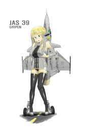 Rule 34 | 1girl, absurdres, aircraft, airplane, anyan (jooho), black thighhighs, blonde hair, blue eyes, breast hold, breasts squeezed together, breasts, canards, character name, detached sleeves, flight highschool, highres, jas-39 (flight highschool), jet, large breasts, mecha musume, military, open mouth, original, personification, pigeon-toed, runway, saab gripen, sidelocks, solo, thighhighs, wheel, white background
