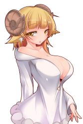 Rule 34 | 1girl, absurdres, animal ears, bare shoulders, blonde hair, breasts, cleavage, dress, female focus, highres, horns, huge breasts, nana (mogs1225), original, simple background, solo, standing, white background, yellow eyes