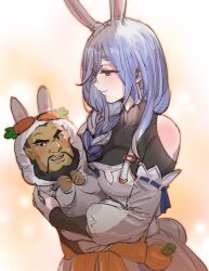 Rule 34 | 1boy, 1girl, animal ears, baby, beard, black hair, blue hair, bow (bhp), breasts, carrot, carrying, character request, closed mouth, commentary request, copyright request, detached sleeves, facial hair, hololive, large breasts, mature female, mustache, pekomama, rabbit ears, rabbit girl, red eyes, smile, temari rin, thick eyebrows, virtual youtuber, what, white sleeves