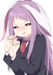 Rule 34 | 1girl, absurdres, alternate hairstyle, animal ears, black jacket, blazer, blush, collared shirt, fingernails, highres, jacket, long hair, long sleeves, necktie, open mouth, purple hair, rabbit ears, red eyes, red necktie, reisen udongein inaba, shirt, simple background, solo, tears, touhou, tsukimirin, upper body, white background, white shirt