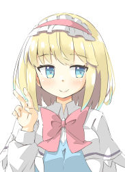 Rule 34 | 1girl, alice margatroid, arnest, blonde hair, blue eyes, blush, bob cut, bow, bowtie, capelet, closed mouth, dot nose, eyes visible through hair, facing viewer, frilled hairband, frills, hairband, hand up, highres, lolita hairband, long sleeves, looking away, looking to the side, pale color, puffy long sleeves, puffy sleeves, red bow, red bowtie, red hairband, shiny skin, short hair, simple background, smile, solo, straight-on, touhou, upper body, v, white background, white capelet, wing collar