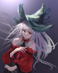 Rule 34 | 1girl, alc.3vol, aqua hat, arknights, arm up, bare shoulders, dress, grey background, grey hair, hat, highres, long hair, looking at viewer, official alternate costume, open mouth, red dress, red eyes, skadi (arknights), skadi the corrupting heart (arknights), solo, upper body, wide sleeves, witch hat