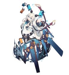 Rule 34 | 1girl, alternate costume, animal ears, aqua eyes, aqua ribbon, arm belt, artist request, belt, belt buckle, black belt, black collar, black thighhighs, breasts, buckle, circle, coat, collar, detached sleeves, evelyn (final gear), fake animal ears, final gear, full body, gold buckle, hair flaps, hair ornament, highres, leg belt, leg up, light particles, long hair, looking at viewer, mecha musume, official alternate costume, official art, open mouth, outstretched hand, puffy sleeves, ribbon, rigging, simple background, sleeveless, sleeveless coat, small breasts, solo, striped ribbon, tachi-e, thighhighs, third-party source, transparent background, two-tone thighhighs, very long hair, white coat, white hair, white sleeves
