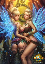 Rule 34 | 2girls, allods, allods online, armlet, ass, bangle, bare shoulders, blonde hair, bracelet, breasts, cleavage, copyright name, earrings, elf, fairy wings, female focus, garter belt, garter straps, glowing, glowing eyes, jewelry, large breasts, long hair, looking at viewer, looking back, midriff, multiple girls, necklace, pointy ears, ring, sleeveless, thighhighs, wings, yuri