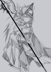 Rule 34 | 1girl, alternate costume, arknights, cloak, closed mouth, commentary request, expressionless, feet out of frame, greyscale, hair between eyes, hat, holding, holding weapon, looking at viewer, monochrome, plume (arknights), sasa onigiri, sketch, solo, uniform, weapon