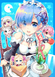 Rule 34 | + +, 10s, 4girls, :&lt;, :d, ;3, ;d, animal, apple, apron, bag, beatrice (re:zero), bendy straw, black bow, black ribbon, blonde hair, blue background, blue border, blue eyes, blue hair, blush stickers, border, bow, braid, breasts, bug, butterfly, butterfly-shaped pupils, cake, cake slice, cat, cheesecake, chibi, cleavage, closed mouth, cocktail, crown, crown braid, d:, d:&lt;, detached sleeves, dress, drink, drinking straw, ekakibito, elf, emilia (re:zero), eyebrows, eyes visible through hair, flower, food, fork, frills, fruit, hair between eyes, hair flower, hair ornament, hair over one eye, hair ribbon, hairband, hairclip, heart, highres, holding, holding fork, ice cream, ice cream float, insect, lace, long hair, looking at viewer, maid, mini crown, mini person, minigirl, multiple girls, neck ribbon, one eye closed, open m/, open mouth, outside border, outstretched arms, pack (re:zero), pink hair, pink ribbon, plate, pointy ears, puck (re:zero), purple eyes, ram (re:zero), re:zero kara hajimeru isekai seikatsu, red eyes, rem (re:zero), ribbon, short hair, shoulder bag, siblings, silver hair, sisters, sitting, smile, star (symbol), symbol-shaped pupils, triangle mouth, twins, v-shaped eyebrows, white apron, white bow, wide sleeves, x hair ornament