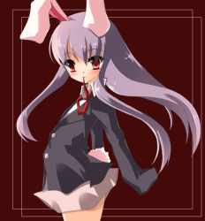 Rule 34 | 1girl, :3, animal ears, blazer, rabbit ears, female focus, flat chest, jacket, light purple hair, long sleeves, mouth hold, noi (noi 2y), red eyes, reisen udongein inaba, ribbon, solo, touhou