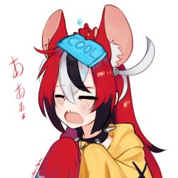 Rule 34 | 1girl, animal, animal ears, animal on head, black hair, blush, closed eyes, collar, facing viewer, hair between eyes, hair down, hakos baelz, hololive, hololive english, long hair, long sleeves, mouse (animal), mouse ears, mouse girl, mouse on head, mr. squeaks (hakos baelz), multicolored hair, on head, open mouth, red hair, sharp teeth, simple background, sleeves past fingers, sleeves past wrists, solo, spiked collar, spikes, streaked hair, teeth, twitter username, upper body, virtual youtuber, white background, white hair, yoako