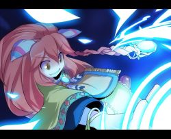 Rule 34 | 1boy, androgynous, bangle, bracelet, feather hair ornament, feathers, glowing, grin, hair ornament, jewelry, kounosu satori, letterboxed, long hair, magic, male focus, medal, pic k, popoi (seiken densetsu 2), red hair, seiken densetsu, seiken densetsu 2, smile, solo, staff, tabard, tunic, yellow eyes