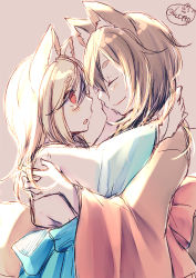 Rule 34 | 2girls, :o, animal ear fluff, animal ears, blue bow, blue skirt, blush, bow, brown background, brown hair, brown kimono, chita (ketchup), closed eyes, closed mouth, facing another, fox ears, fox girl, fox tail, hair between eyes, japanese clothes, kimono, long hair, long sleeves, looking at another, multiple girls, original, parted lips, pleated skirt, profile, red eyes, short eyebrows, signature, simple background, sketch, skirt, tail, thick eyebrows, white kimono, wide sleeves