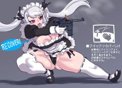 Rule 34 | absurdres, areola slip, blush, breasts, cameltoe, cleft of venus, gloves, gun, handgun, highres, large areolae, large breasts, maid, maid headdress, minami aomori, open mouth, panties, pistol, red eyes, silver hair, thick thighs, thighhighs, thighs, underwear, wardrobe malfunction, weapon