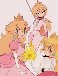 Rule 34 | 1girl, absurdres, auri (xoauri), bandana, blonde hair, blue eyes, blush, bodysuit, commentary, crown, dress, earrings, elbow gloves, english commentary, fireball, gloves, hair behind ear, highres, jewelry, low ponytail, mario (series), multiple views, nintendo, open mouth, pink background, pink bandana, pink bodysuit, pink dress, princess peach, puffy short sleeves, puffy sleeves, short sleeves, smile, the super mario bros. movie, v-shaped eyebrows, white gloves