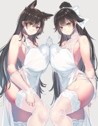 Rule 34 | 2girls, absurdres, animal ear fluff, animal ears, asymmetrical docking, atago (azur lane), azur lane, bare shoulders, blush, bow, breast press, breasts, brown eyes, brown hair, closed mouth, commentary request, covered navel, dress, elbow gloves, extra ears, from side, gloves, grey background, hair between eyes, hair bow, hand up, highres, large breasts, long hair, looking at viewer, multiple girls, own hands together, panties, ponytail, side-tie panties, side slit, simple background, smile, standing, swept bangs, takao (azur lane), takao (the lessons of spring) (azur lane), thighhighs, thighs, underwear, very long hair, white bow, white dress, white gloves, white legwear, white panties, yamanokami eaka