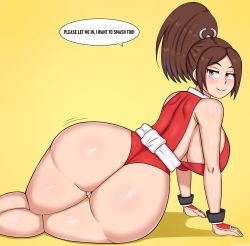 Rule 34 | 1girl, absurdres, ass, bare shoulders, breasts, brown eyes, brown hair, cleft of venus, curvy, drunkavocado, english text, fatal fury, from behind, highres, huge ass, huge breasts, japanese clothes, large breasts, long hair, looking at viewer, looking back, lying, naughty face, on side, partially visible vulva, ponytail, pussy, shiranui mai, sideboob, smile, solo, the king of fighters, thick thighs, thighs, uncensored, wide hips, yellow background