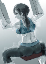 Rule 34 | 1girl, ass, back, black hair, borusen, breasts, capri pants, colored skin, crop top, exercising, exercise machine, from behind, grey eyes, heavy breathing, long hair, medium breasts, midriff, nintendo, pants, ponytail, solo, spandex, super smash bros., sweat, tank top, underboob, white skin, wii fit, wii fit trainer, wii fit trainer (female)