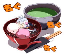 Rule 34 | 1girl, absurdres, antenna hair, ass, black one-piece swimsuit, blush, bowl, brown eyes, chopsticks, commentary request, eating, food, food-themed hair ornament, food request, grey hair, hair between eyes, hair ornament, hair scrunchie, highres, in food, kizuna akari, long hair, low twintails, milkpanda, mini person, minigirl, one-piece swimsuit, orange scrunchie, partially submerged, plastic spoon, scrunchie, shadow, simple background, solo, spoon, sweat, swimsuit, translation request, twintails, very long hair, voiceroid, white background, | |
