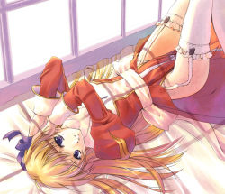 Rule 34 | 1girl, 2000s (style), blonde hair, bow, breasts, commentary request, cross, day, dress, feet out of frame, frilled thighhighs, frills, garter straps, grin, hair bow, high priest (ragnarok online), indoors, juliet sleeves, long hair, long sleeves, looking at viewer, lying, medium breasts, miyase mahiro, on back, on bed, pelvic curtain, puffy sleeves, purple bow, purple eyes, ragnarok online, red dress, sash, smile, solo, thighhighs, two-tone dress, white bow, white dress, white sash, white thighhighs, window