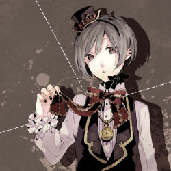Rule 34 | 1boy, earrings, formal, frown, grey hair, hairband, hat, jewelry, lolita fashion, lowres, male focus, nail polish, necklace, necktie, original, purple eyes, ribbon, short hair, solo, suit, vest, watch