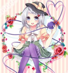 Rule 34 | 1girl, alternate hair length, alternate hairstyle, blouse, blue eyes, bow, braid, flower, hair flower, hair ornament, hand up, hat, hat ribbon, knees together feet apart, komeiji koishi, lace, lace-trimmed skirt, lace trim, long hair, looking at viewer, pantyhose, puffy short sleeves, puffy sleeves, purple pantyhose, red flower, red rose, ribbon, rose, shirt, short sleeves, silver hair, single braid, skirt, skirt hold, solo, striped, striped background, third eye, touhou, vertical stripes, yuria (kittyluv)