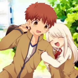 Rule 34 | 1boy, 1girl, absurdres, arm up, bag, blush, brother and sister, closed eyes, emiya shirou, fate (series), highres, holding another&#039;s arm, illyasviel von einzbern, long hair, open clothes, open mouth, outdoors, red hair, school bag, school uniform, shirt, short hair, siblings, tree, tsubuta hiro, white hair, white shirt, yellow eyes