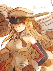 Rule 34 | 10s, 1girl, bismarck (kancolle), blonde hair, blue eyes, breasts, detached sleeves, hat, kantai collection, long hair, military, military hat, military uniform, mk, peaked cap, sketch, solo, uniform