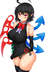 Rule 34 | 1girl, ahoge, asymmetrical wings, black dress, black hair, blue wings, blush, bow, bowtie, breasts, clothes lift, daichi (tokoya), dress, dress lift, highres, houjuu nue, panties, pointy ears, red bow, red bowtie, red eyes, red wings, short dress, side-tie panties, simple background, solo, thighhighs, thighs, touhou, underwear, wings