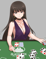 Rule 34 | 10s, 1girl, ace (playing card), ace of hearts, bags under eyes, bare shoulders, blackjack table, breasts, brown eyes, brown hair, card, casino card table, cleavage, cocktail dress, dress, emblem, girls und panzer, heart, king (playing card), king of diamonds, king of spades, large breasts, long hair, looking at viewer, mature female, nishizumi shiho, no bra, playing card, queen (playing card), queen of clubs, solo, table, youkan