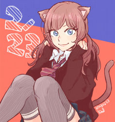 Rule 34 | 1girl, :3, animal ears, artist name, bad id, bad pixiv id, blue eyes, cardigan, cat ears, cat tail, dated, grey thighhighs, hands on own cheeks, hands on own face, long hair, necktie, original, peg, red hair, school uniform, signature, sitting, skirt, sleeves past wrists, smile, solo, tail, thighhighs, twintails