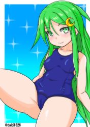 Rule 34 | 1girl, absurdres, blue background, blue one-piece swimsuit, border, cowboy shot, crescent, crescent hair ornament, daichi (daiti1318), gradient background, green eyes, green hair, hair ornament, highres, kantai collection, long hair, nagatsuki (kancolle), one-piece swimsuit, school swimsuit, sitting, solo, sparkle, swimsuit, twitter username, white border