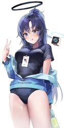 Rule 34 | 1girl, :q, arm behind back, black buruma, black shirt, blue archive, blue eyes, blue hair, blue jacket, bottle, breasts, buruma, closed mouth, commentary request, cowboy shot, dano, drone, halo, hand up, high ponytail, highres, holding, holding bottle, id card, jacket, jacket partially removed, lanyard, large breasts, long hair, long sleeves, looking at viewer, medium breasts, off shoulder, official alternate costume, parted bangs, partially unzipped, ponytail, shirt, short sleeves, simple background, smile, solo, standing, star (symbol), star sticker, sticker on face, sweatdrop, t-shirt, thighs, tongue, tongue out, track jacket, v, white background, yuuka (blue archive), yuuka (track) (blue archive)