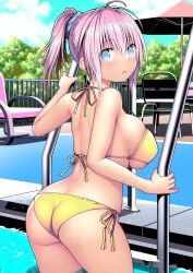 Rule 34 | 1girl, absurdres, aoba (kancolle), aqua eyes, ass, back, beach chair, beach umbrella, bikini, blue sky, blush, breasts, butt crack, cloud, commentary request, day, from behind, hair between eyes, hair ornament, hair scrunchie, halterneck, highres, kantai collection, kuromayu, large breasts, looking at viewer, looking back, outdoors, parted lips, pink hair, ponytail, pool, pool ladder, railing, scrunchie, side-tie bikini bottom, sideboob, sky, solo, string bikini, swimsuit, tree, umbrella, white bikini, yellow bikini