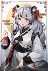 Rule 34 | 1girl, :d, absurdres, animal ear fluff, animal ears, black hair, blue eyes, chinese zodiac, chungla, commentary, egasumi, fang, frills, grey hair, hand up, happy new year, highres, holding, japanese clothes, kimono, long hair, long sleeves, looking at viewer, multicolored hair, new year, open mouth, original, smile, solo, streaked hair, symbol-only commentary, tiger ears, very long hair, white kimono, year of the tiger