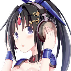 Rule 34 | 1girl, armor, black hair, breasts, character request, chouhakai!! barbarossa, collarbone, eighth note, forehead jewel, fortissimo, givuchoko, hair intakes, hair ornament, hairclip, hands on headphones, hands up, headphones, long hair, looking at viewer, medium breasts, musical note, musical note-shaped pupils, musical note hair ornament, parted bangs, pauldrons, ponytail, purple eyes, shoulder armor, simple background, solo, symbol-shaped pupils, upper body, white background