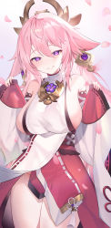 Rule 34 | 1girl, absurdres, animal ears, bare shoulders, breasts, commentary, cowboy shot, detached sleeves, earrings, english commentary, falling petals, floppy ears, flower knot, fox ears, genshin impact, gradient background, grin, hair between eyes, hair ornament, hands up, highres, holding, japanese clothes, jewelry, large breasts, long hair, nontraditional miko, pelicana, petals, pink background, pink hair, purple eyes, red skirt, shirt, sideboob, sidelocks, skirt, sleeveless, sleeveless shirt, smile, solo, tassel, teeth, thighs, turtleneck, wide sleeves, yae miko