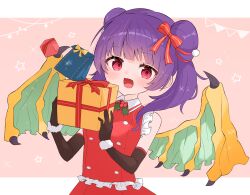 Rule 34 | 1girl, alternate costume, bag, bare shoulders, berry, blue bag, blunt bangs, border, bow, box, brown gloves, buttons, christmas, collared dress, dragon girl, dragon wings, dress, fang, fire emblem, fire emblem: the sacred stones, frills, fur cuffs, fur trim, gift, gift box, gloves, gold trim, green wings, hair tie, hands up, highres, holding, holding gift, jewelry, long hair, looking at viewer, mistletoe, multi-tied hair, multicolored background, myrrh (fire emblem), nintendo, open mouth, pale skin, pink background, purple hair, red bow, red dress, red eyes, red ribbon, ribbon, santa costume, sleeveless, sleeveless dress, smile, solo, star (symbol), twintails, uiui (user gupd8487), upper body, wings, yellow bow, yellow wings