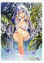 Rule 34 | 1girl, absurdly long hair, absurdres, animal ears, animal print, antenna hair, artist name, barefoot, bikini, blush, breasts, breasts squeezed together, can, cleavage, closed mouth, collarbone, day, fingernails, flower, hair flower, hair ornament, hammock, hands up, highres, holding, holding can, large breasts, leaf, light purple hair, long hair, long sleeves, looking at viewer, open clothes, open shirt, original, outdoors, pink lips, plant, purple eyes, scan, shirt, sitting, sleeves past elbows, smile, soaking feet, solo, sparkle, swimsuit, tail, taira tsukune, tiger, tiger ears, tiger print, tiger tail, toranoana, very long hair, wading, water, wet, wide hips