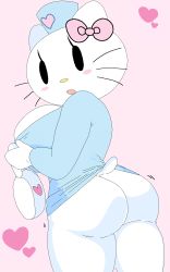 Rule 34 | absurdres, animal ears, ass, bag, black eyes, blush, bottomless, bow, breasts, cassette dream, cat, cat ears, cat tail, hat, heart, hello kitty, hello kitty (character), highres, light blue skirt, nose, nurse cap, pink background, pink bow, sanrio, tail, thighs, upskirt, whiskers, white fur