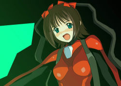 Rule 34 | 00s, 1girl, a1 (initial-g), amami haruka, bodysuit, breasts, brown hair, crossover, flat chest, get, green eyes, hair ribbon, idolmaster, idolmaster (classic), idolmaster 1, idolmaster xenoglossia, mecha, neon genesis evangelion, open mouth, parody, plugsuit, red bodysuit, red ribbons, ribbon, robot, short hair, small breasts, solo, sweatdrop, tareme