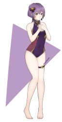 Rule 34 | 1girl, absurdres, bare shoulders, barefoot, bernadetta von varley, cleavage cutout, clothing cutout, commentary, english commentary, eyebrows hidden by hair, fire emblem, fire emblem: three houses, grey eyes, hair ribbon, highres, leg strap, leitz acaroline, nintendo, one-piece swimsuit, own hands together, purple hair, ribbon, solo, swimsuit, thigh strap, twitter username