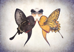 Rule 34 | 2girls, antennae, black hair, black kimono, bug, butterfly, butterfly girl, butterfly wings, closed eyes, hair bun, highres, insect, insect wings, japanese clothes, kimono, long sleeves, multiple girls, original, profile, single hair bun, wide shot, wide sleeves, wings, yellow kimono, yumeko (yumeyana g)
