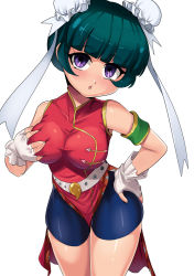 Rule 34 | 1girl, belt, beyblade, blush, breasts, bun cover, china dress, chinese clothes, double bun, dress, fingerless gloves, gloves, green hair, hair bun, hands on own chest, highres, large breasts, looking at viewer, mei mei (beyblade), metal fight beyblade, nico-mo, purple eyes, red dress, sleeveless, sleeveless dress, standing, white belt, white gloves
