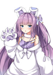 Rule 34 | 1girl, absurdres, animal ears, animal hands, azur lane, bare shoulders, blue eyes, blush, bow, dress, fake animal ears, gloves, hair bow, hand up, highres, jacket, long hair, looking at viewer, moyoron, off shoulder, parted lips, paw gloves, plaid, plaid bow, plaid dress, purple bow, purple dress, purple hair, simple background, sleeveless, sleeveless dress, solo, tashkent (azur lane), tashkent (muse) (azur lane), upper body, very long hair, white background, white gloves, white jacket