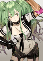 Rule 34 | 1girl, absurdres, artist name, black gloves, black thighhighs, dated, girls&#039; frontline, gloves, green hair, hair between eyes, hand on own hip, highres, jewelry, long hair, looking at viewer, m950a (girls&#039; frontline), messy hair, nao (syn eaa), necklace, signature, solo, thighhighs, two side up, yellow eyes
